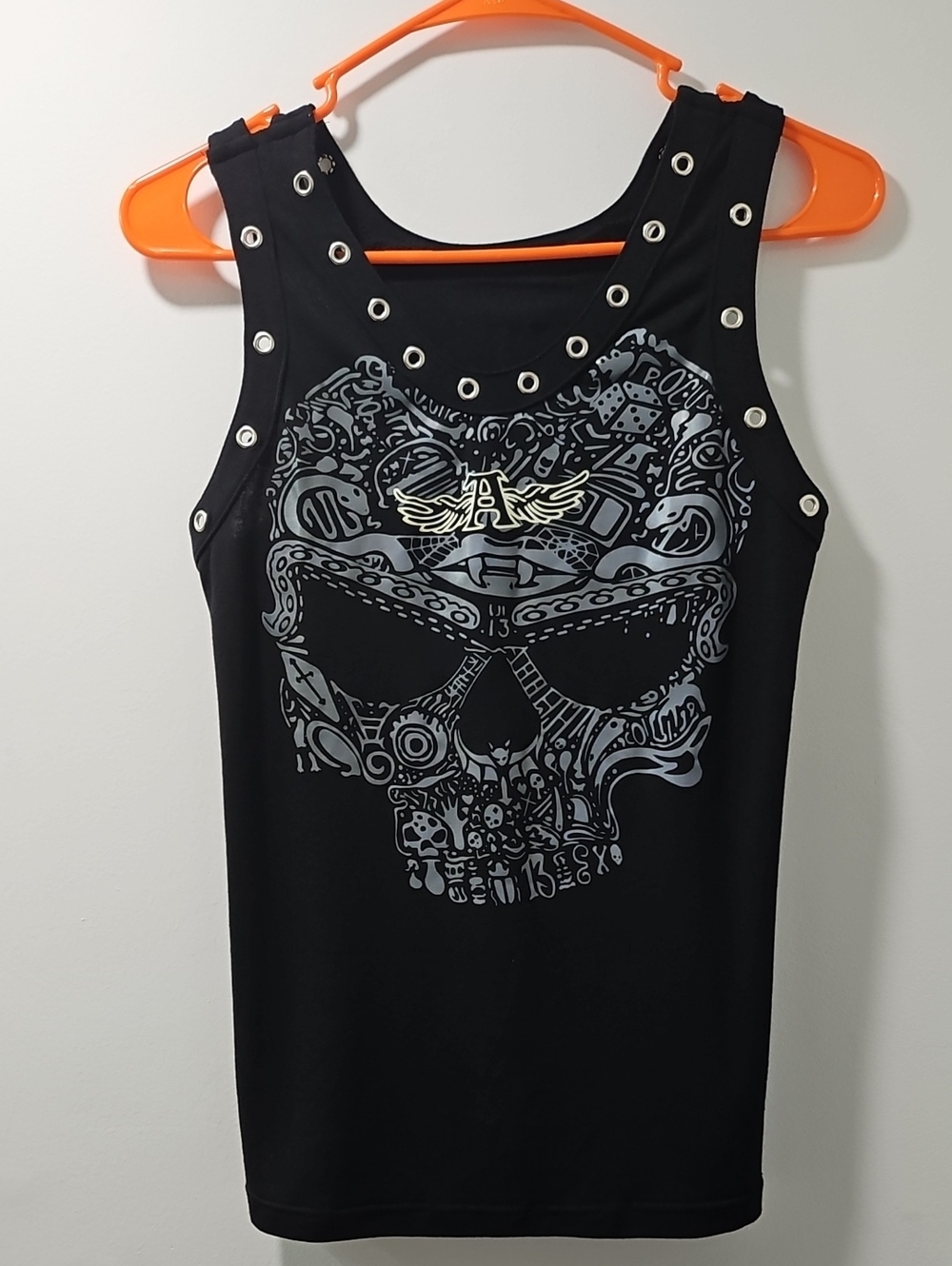 Black Graphic Skull Tank Top Silver Eyelet Accents Size Meduim Excellent